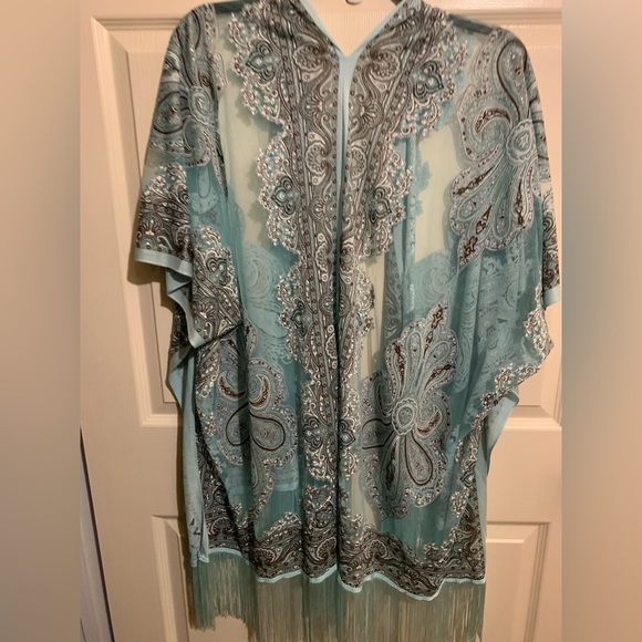 Rush Fashion Mint Paisley Fringe Kimono - Picture 5 of 5